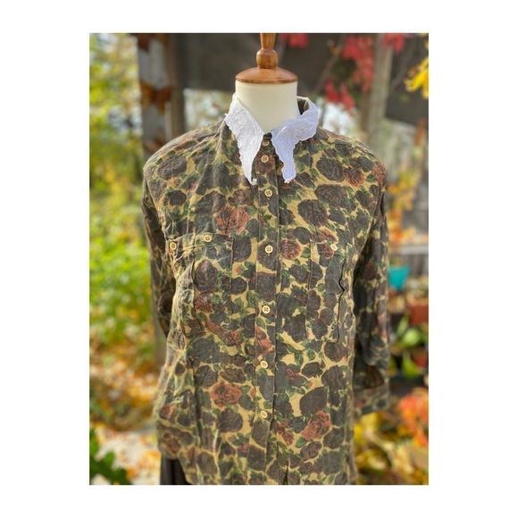 Dark Fall Floral Blouse Button Up 90s Lace Collar Sz M - Picture 1 of 11